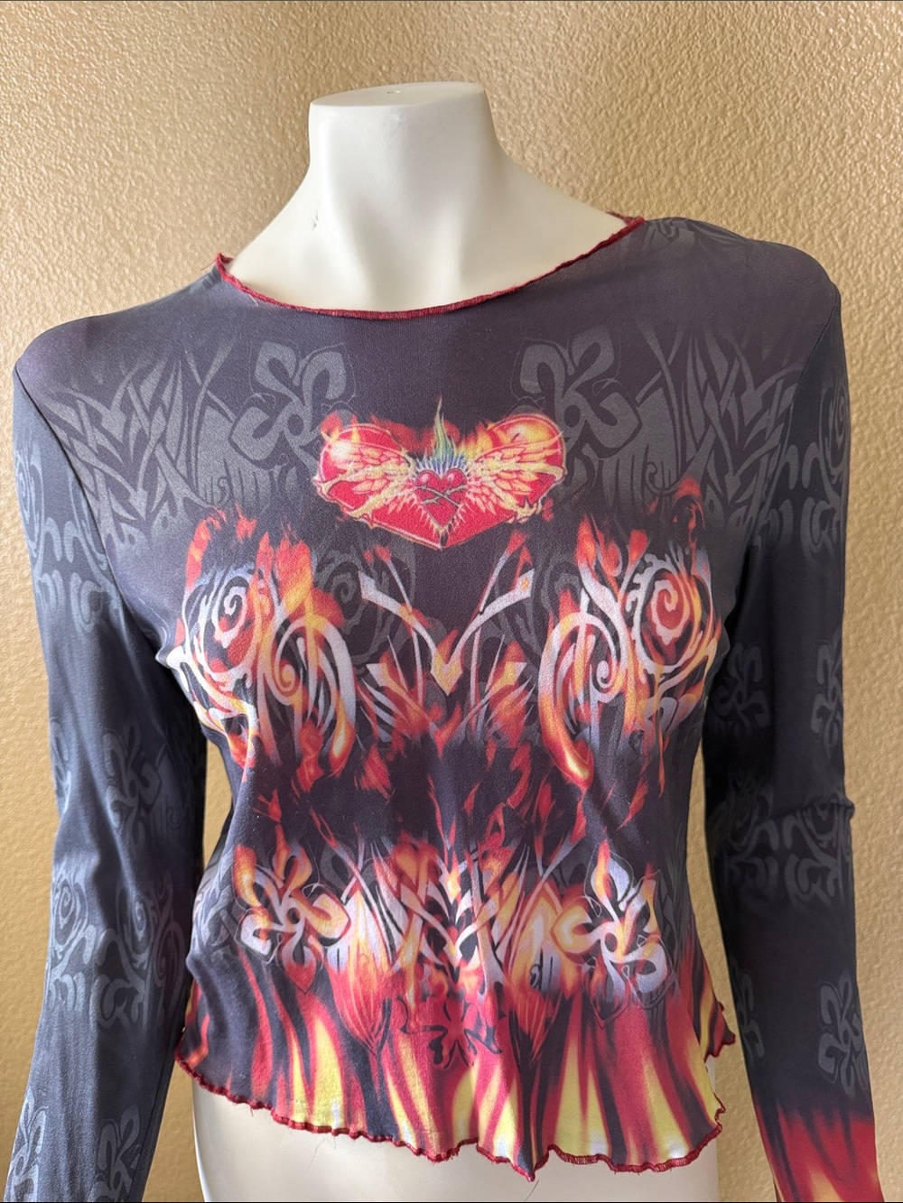 Graphic Flame-Heart Long Sleeve Tee - Black & Red
